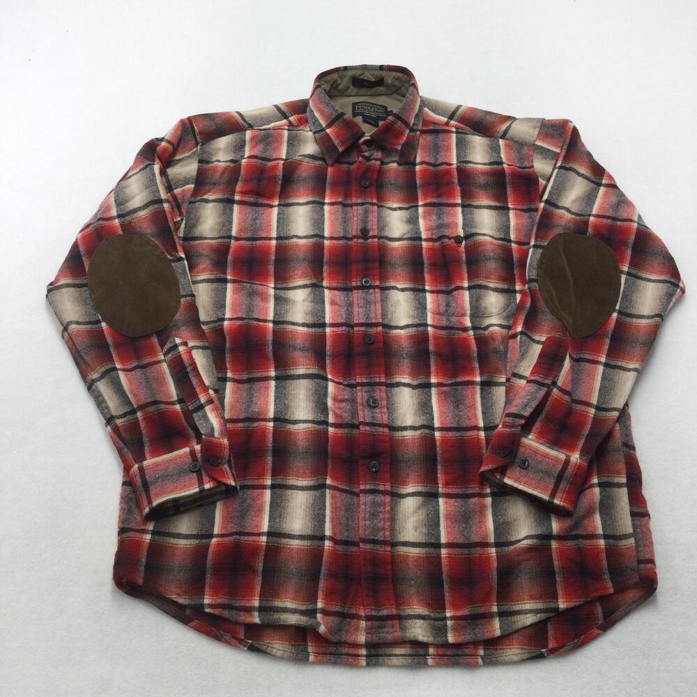 Pendleton Shirt Mens Large Red Plaid Flannel Lined Trail Elbow Patch Button Up